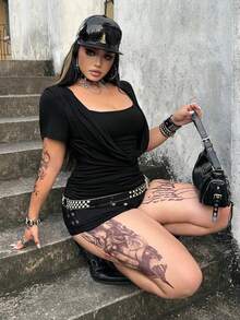 POPSWAY 大尺碼夏季度假優雅外出上衣 女款歐美新款性感百搭寬領設計抓皺針織面料短袖T恤 修身顯瘦2合1拼接風上衣 - 黑色 - 查看 3