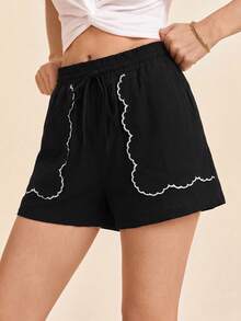 Coeurva Casual Vacation Solid Color Woven Loose Fit Women's Shorts - Black - View 4