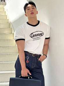 DAZY Summer Letter Print Color Block Short Sleeve Men's T-Shirt - Multicolor - View 3