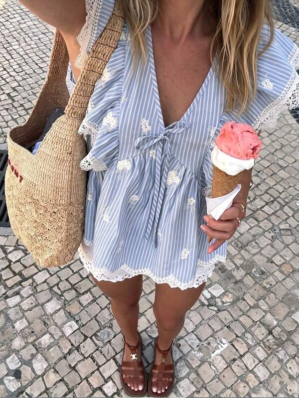 SHEIN PariChic Women's Light Blue And White Floral Embroidered Blouse V Neck Lace Trim Ruffle Sleeve Peplum Top Casual Boho Summer Cotton Shirt Beach