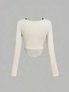 SHEIN MOD 1pc Women's Apricot Cute Contrast Trim 2 In 1 T-Shirt, Stylish Autumn/Winter Top Long Sleeve S Going Out Tops - Apricot - View 5