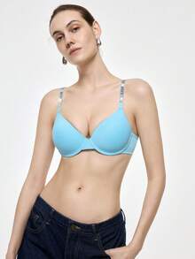 Bralution Light Blue Underwire Padded Bra, Uplifting & Supportive, Rhinestone Decor, Charming & Unique Design Women's Lingerie - Baby Blue - View 4