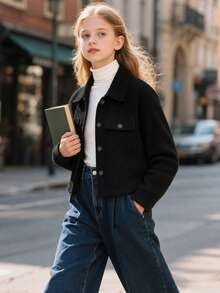 Girls' Solid Color Versatile Minimalist Casual Autumn/Winter Turn-Up Collar Jacket Coat - Black - View 3