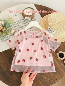 SHEIN 女童夏季上衣衬衫夏季服装背心吊带衫抹胸泳装罩衫草莓女童服装女童上衣夏季女童夏季衬衫套装女童童装女童草莓刺绣薄纱罩衫粉色短袖夏季衬衫 - 粉色 - 查看 1