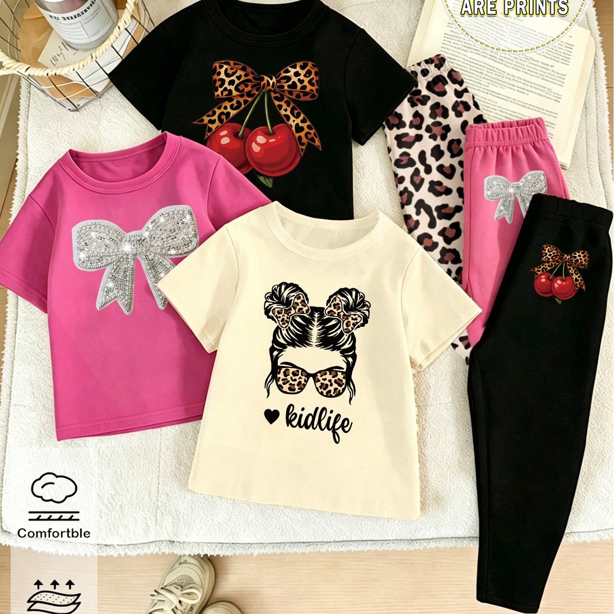 Conjunto de 6 piezas de ropa casual y de moda para niñas, con estampados de leopardo, flores de cerezo, figuras de niñas de dibujos animados y lazos