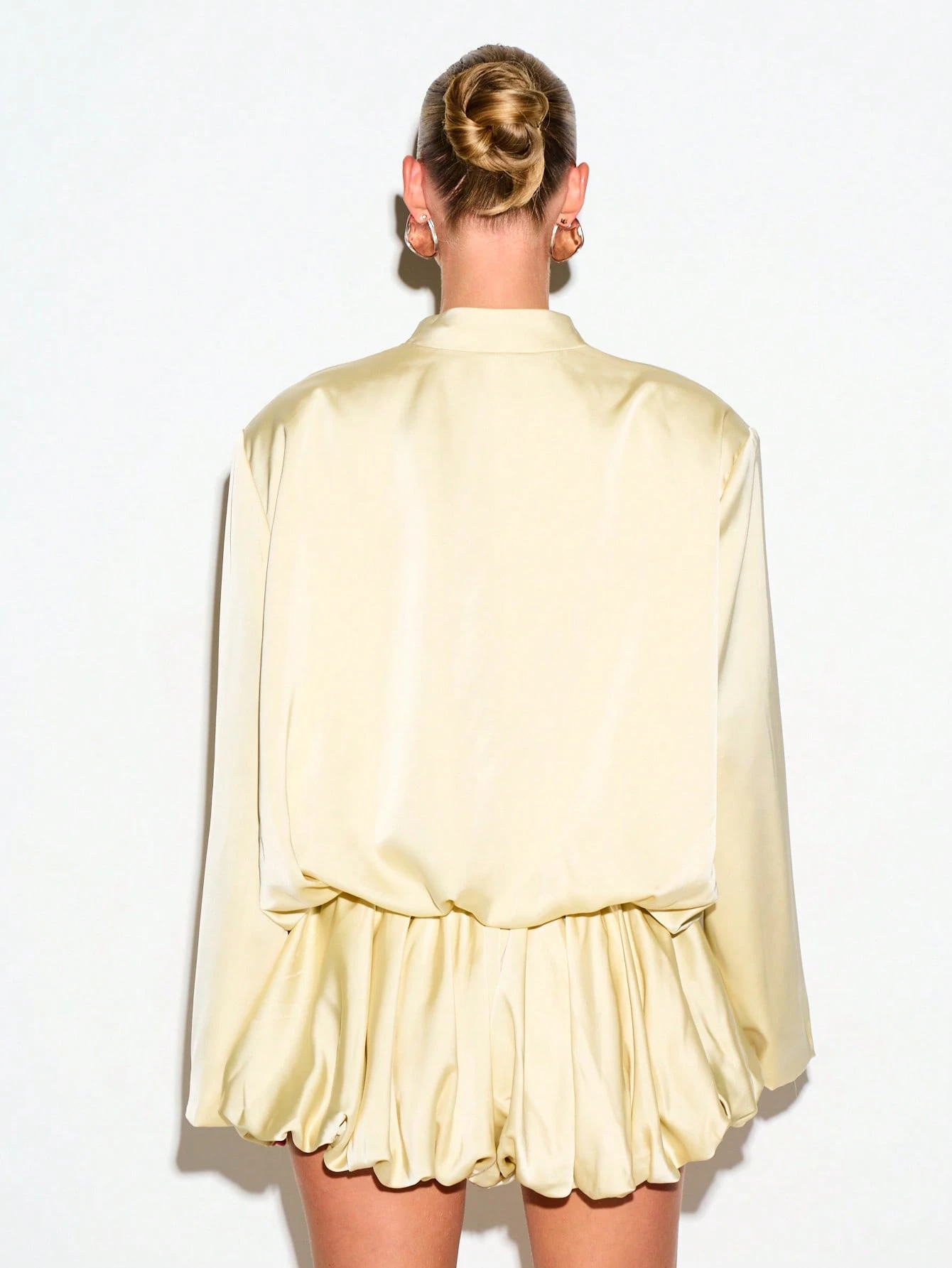 Satin Plunge Neck Romper With Bubble Hem