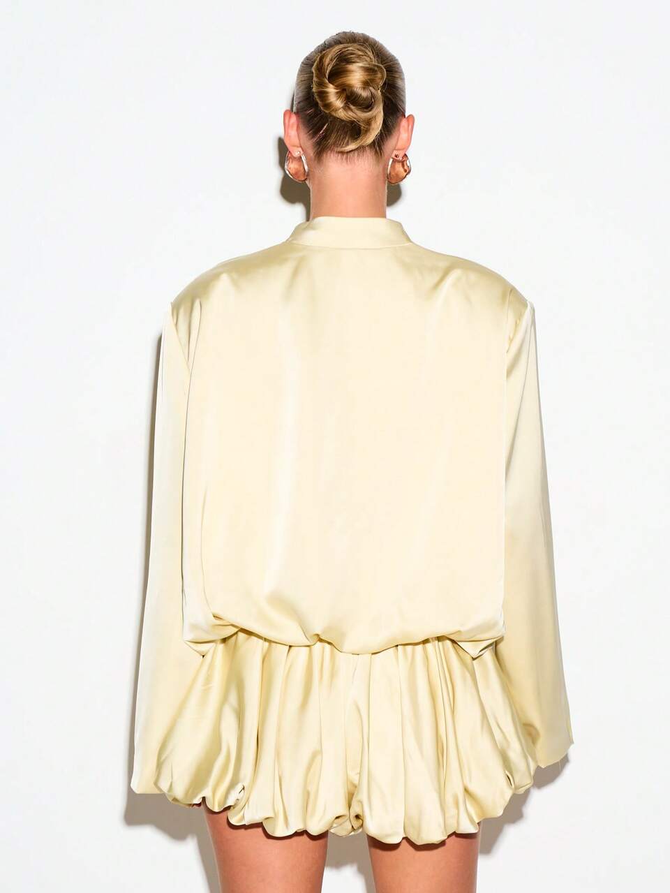 KIZN Satin Plunge Neck Romper With Bubble Hem
