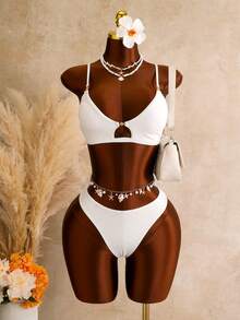 Swim Vcay Women's Teacher Summer Textured Solid Fabric Front Strap With Small Metal Buckle Swimsuit Set Beach White Sexy - Apricot - View 3