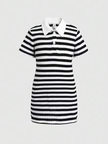 Young Girl Casual Daily Fashion Lapel Black And White Textured Striped Dress - Black and White - View 6