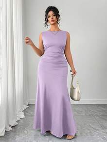 Elenzga Women's Elegant Dress, Sleeveless Round Neck A-Line Silhouette, Ruched Waist Design, Solid Color Knit Fabric - Purple - View 6