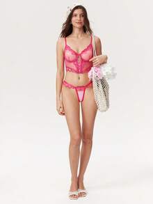 Elorette Conjunto de lencería bordado de malla con sujetador y panty con tirantes spaghetti - Rosa Fucsia - Ver 4