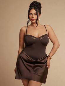 SHEIN BAE CURVE Plus Size Women's Lace Trim Sexy Date Party Spaghetti Strap Dress, Summer Outfits, Independence Day, 4th Of July, Elegant - Brown - View 5