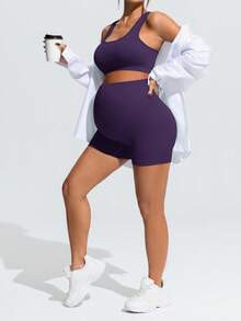 SHEIN Maternity Summer Solid Color Elastic Breathable Sports Bra And Shorts Set - Purple - View 6