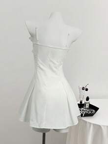 Elamini Women's Summer Lace Collar Ribbon Tie Decor Pure Cotton Short White Dress, Suitable For Collegiate Style - White - View 2