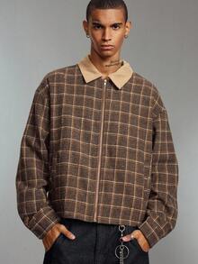 ROMWE MEN Street Life 男款虎紋刺繡格紋拉鍊前襟翻領夾克外套 - 棕色 - 查看 2