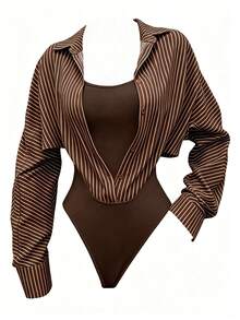 INAWLY Casual Women's Long Sleeve Shirt 2 In 1 Bodysuit - Coffee Brown - View 1