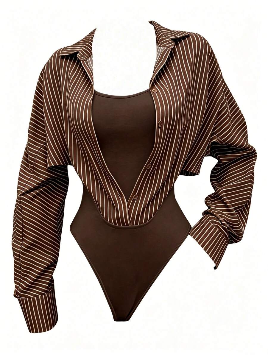 INAWLY Casual Women's Long Sleeve Shirt 2 In 1 Bodysuit - Coffee Brown - View 1