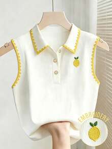 Resyla Women's Lemon Pattern Embroidered Button Half-Placket Vest - Multicolor - View 1