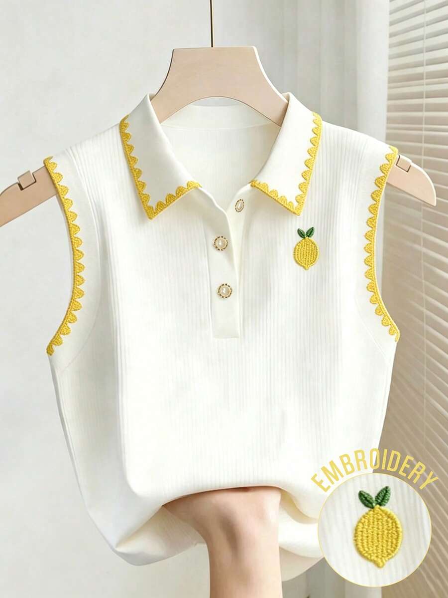 Resyla Women's Lemon Pattern Embroidered Button Half-Placket Vest - Multicolor - View 1