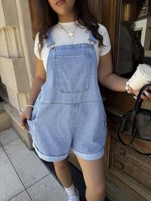 SHEIN CURVE+ Plus Size Women's Cargo Pocket Casual Denim Overalls Shorts - Light Wash - View 2