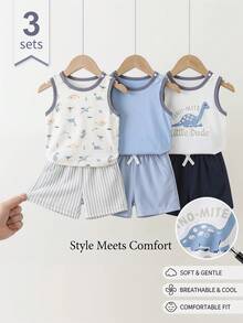 SHEIN Playful Pals 3件套男婴/中性婴幼儿新生儿0-3岁条纹纯色三件套服装，包括圆领无袖背心、恐龙印花上衣和纯色印花上衣、条纹短裤，休闲可爱夏季亲子装 - 彩色 - 查看 9