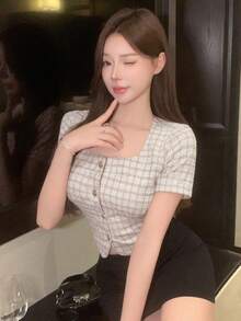 DAZY 宴会返校节格子方领短袖女式衬衫简约时尚休闲日常款，露脐上衣女式可爱上衣 - 杏色 - 查看 4
