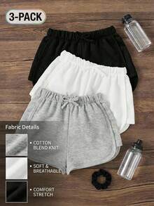 SHEIN 3 delar set med enfärgade, stickade shorts i casual-modell för tweenflickor - Grå - Visa 3
