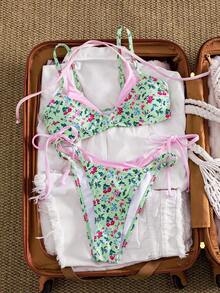 Swim Mod Spring/Summer New Pink & Green Colorblock Floral Lace-Up Bikini Set, Side Tie Bikini, Casual Beach Vacation Two Pieces Swimwear - Multicolor - View 5