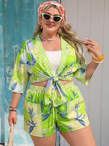 Vivid Eden Plus Size Women's Fruit Print Half Sleeve Top And Drawstring Waist Shorts Casual Vacation 2-Piece Set Green Summer - Green - View 6