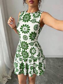 SHEIN Elenzya 畢業季最新波西米亞風女款法式優雅編織花卉印花圓領無袖腰綁帶迷你洋裝，度假穿搭，夏季穿搭，春/夏 - 綠色 - 查看 6
