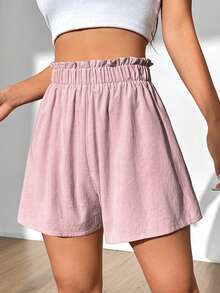 Flirla Celana Pendek Wanita Kasual Sederhana Warna Polos dengan Hiasan Ruffle di Pinggang, Cocok untuk Liburan Musim Panas Warna Merah Muda Pucat - Baby Pink - View 4