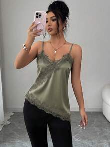 Rafferiza 女款優雅性感法式蕾絲時尚細肩帶背心上衣，適合夜晚外出與約會之夜，鼠尾草綠，夏季款 - 軍綠色 - 查看 6