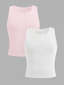 SHEIN Girlism 兒童青少年女孩簡約圓領純色休閒背心內衣2件組 - 彩色 - 查看 1