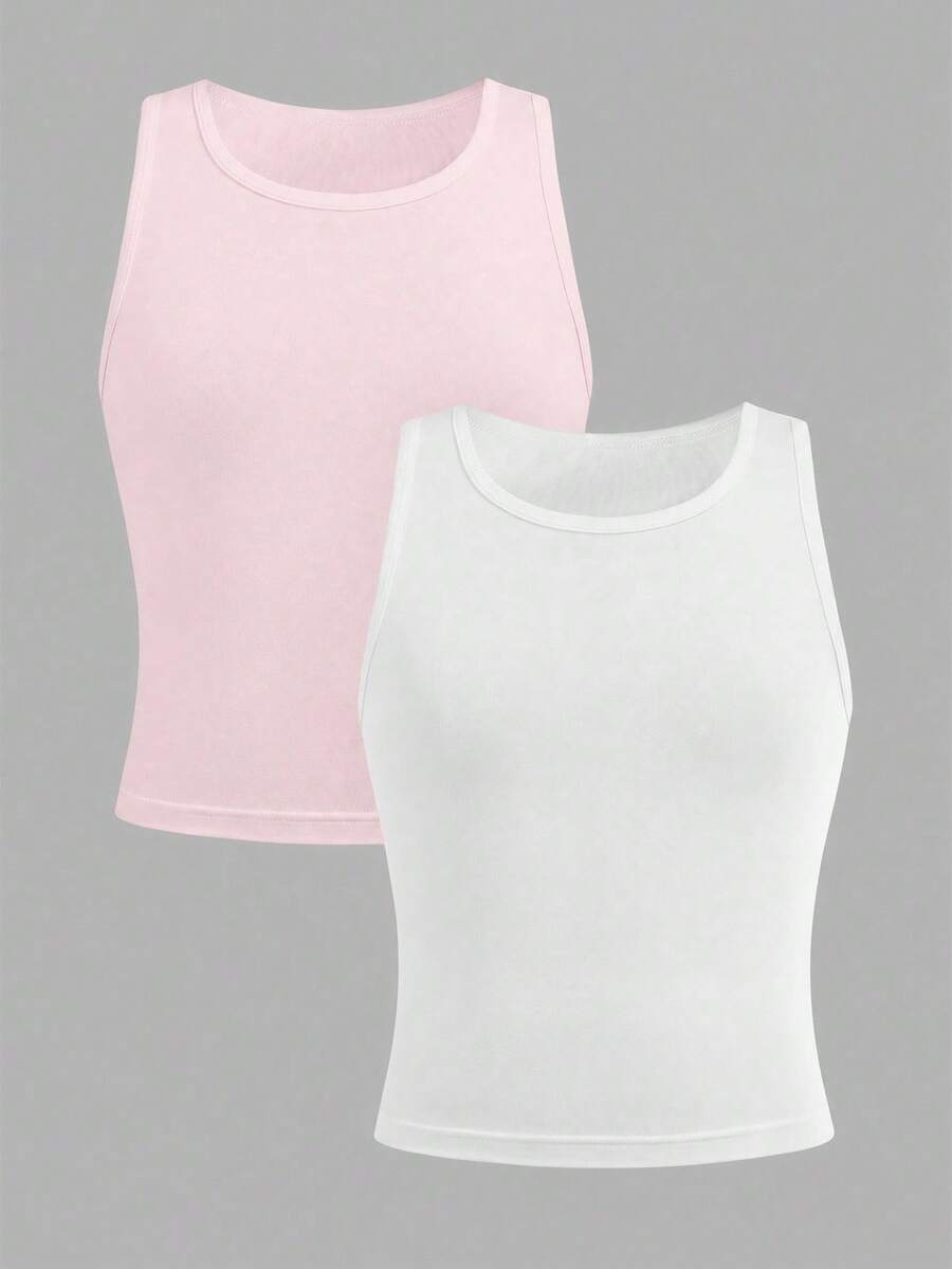 SHEIN Girlism 兒童青少年女孩簡約圓領純色休閒背心內衣2件組 - 彩色 - 查看 1