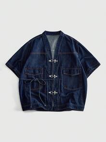 ROMWE MEN Grunge Punk 男士短袖金屬飛機扣設計休閒口袋牛仔襯衫 - 深色水洗藍 - 查看 1