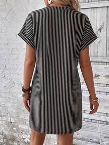 EMERY ROSE Gaun Wanita Lengan Pendek Model Batwing Longgar Kasual Bergaris - MultiWarna - View 2