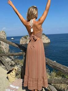 Livesso Women's Vacation Casual Boho Brown Stripe Backless Halter Neck Swim Dress Summer Beach - Brown - View 2