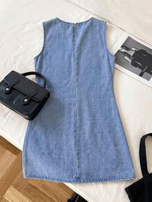 Comfortcana Gaun Denim Kasual Tanpa Lengan Leher Bulat untuk Wanita, Cocok untuk Perjalanan Sehari-hari - Light Wash - View 2