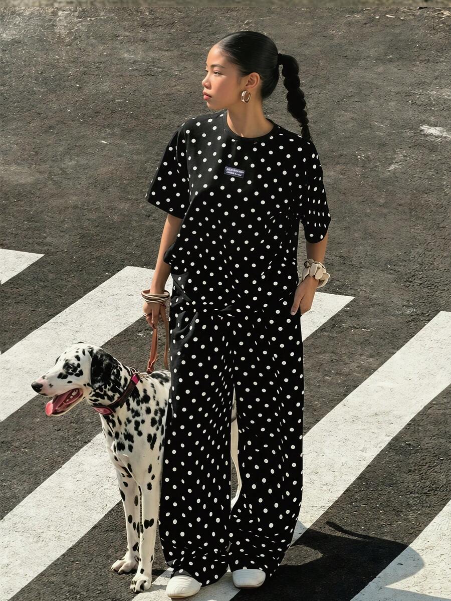 青少年女孩休閒百搭日常穿搭黑白對比滾邊圓領插肩袖T恤+直筒針織長褲套裝 - 黑色 - 查看 1