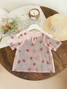 SHEIN 女童夏季上衣衬衫夏季服装背心吊带衫抹胸泳装罩衫草莓女童服装女童上衣夏季女童夏季衬衫套装女童童装女童草莓刺绣薄纱罩衫粉色短袖夏季衬衫 - 粉色 - 查看 3