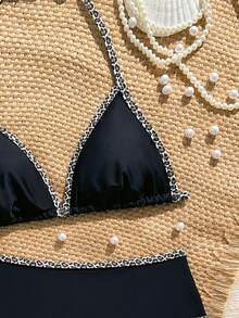 SHEIN Teen Girls' 2-Piece Black Bikini Swimsuit Set, Fashionable Two-Piece Swimwear For Beach Party - Multicolor - View 4