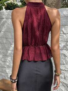 Sunnyshic Chinese Style Pattern Lace-Up Sleeveless Tank Top For Women - Burgundy - View 2