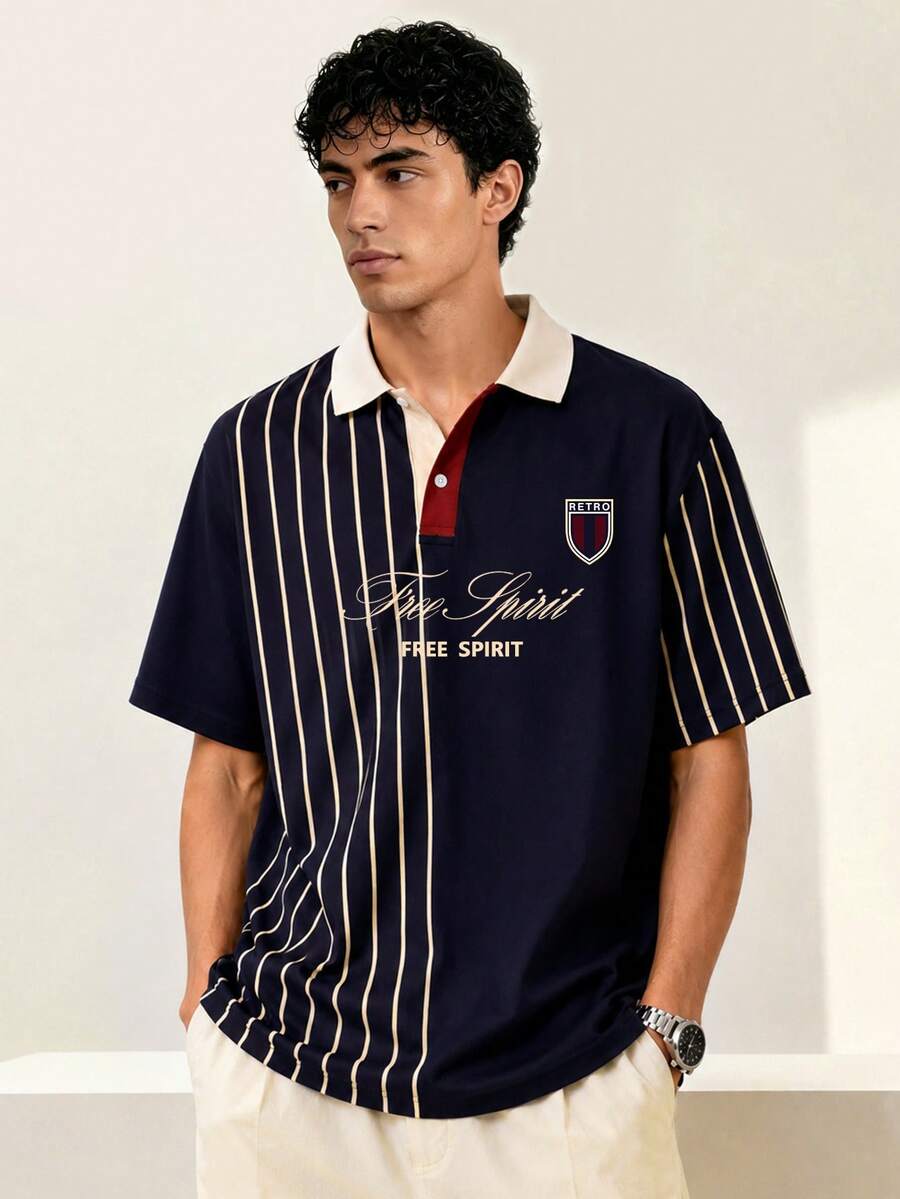 Chillumni 男士復古條紋 Polo 衫,夏季短袖休閒百搭商務運動上衣 - 彩色 - 查看 1