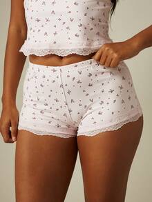 MISSGUIDED Quần short mặc nhà họa tiết hoa quả mọng viền ren, quần ngủ boyshort thoải mái, cạp chun - Hồng - Xem 1