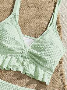 Swim Vcay 女款素色紋理面料甜美荷葉邊抽繩抓皺高腰比基尼背心泳衣 - 薄荷綠 - 查看 3