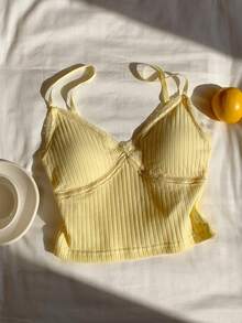 Comfortcana 女款夏季休閒對比蕾絲螺紋細肩帶背心 - 黃色 - 查看 7