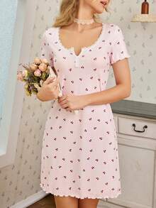 CottageSlumber Lace Patchwork Square Neck Two-Button Placket Plaid Cherry Print Knit Short Sleeve Nightgown - Multicolor - View 8