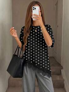 SHEIN Kids Teen Girls T-Shirts Spring Summer New Casual Black And White Fashion Polka Dot Asymmetric Hem Lace Patchwork T-Shirt, Versatile For Daily Wear, Spring Summer Casual Top, Suitable For Vacation, Summer, Spring, Spring Break And Various Occasions, Including Beach Dress, Casual Shirt, Outing Top And Summer Top. - Black - View 3