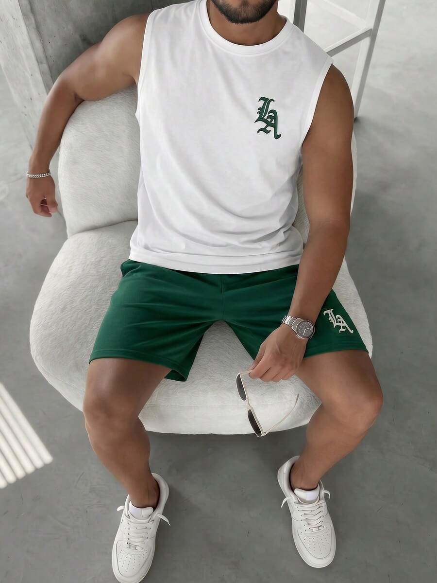 Manfinity Homme 男士休闲字母刺绣背心短裤套装,夏季 - 彩色 - 查看 1