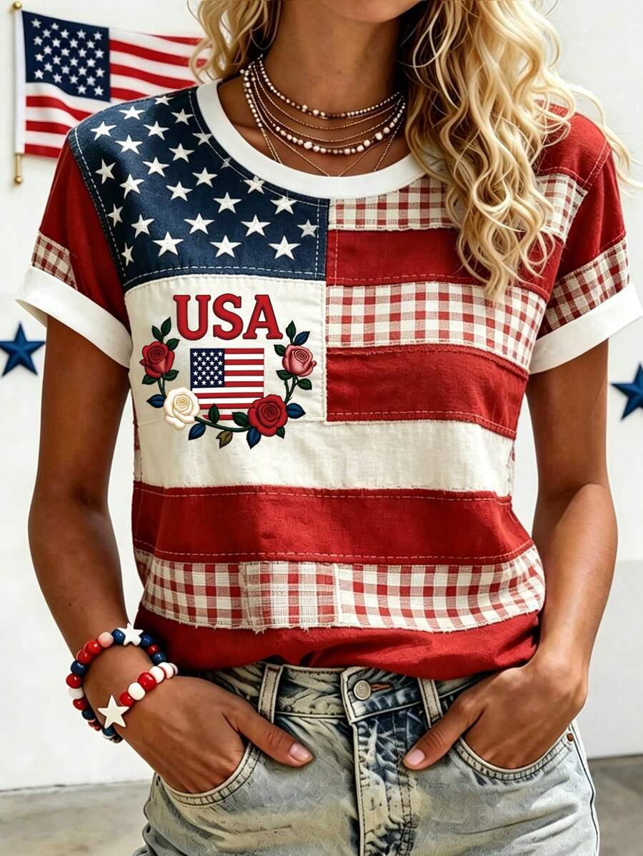 EMERY ROSE Camisetas con estampado floral de la bandera estadounidense para mujeres, camisetas gráficas patrióticas del 4 de julio, Día de la Independencia, camisetas con estrellas y rayas - Rojo - Ver 1